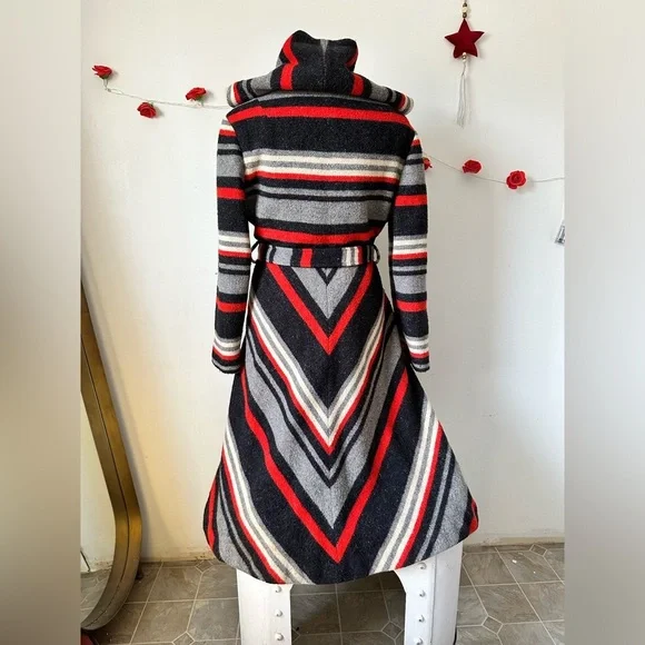 RARE Vintage 70’s Retro Boho Chevron Stripe Red Grey Black Wool Long Coat M L - Picture 5 of 10